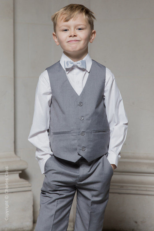 Boys Light Grey Shorts Summer Wedding Suit with Silver Dickie Bow